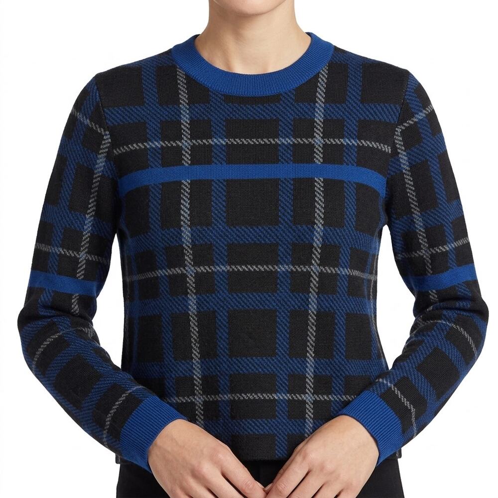 Margaret O'Leary Blue Black Plaid Pullover Merino Wool Cropped Sweater Size S